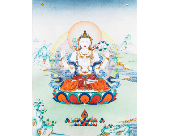 Peaceful Chenrezig in Traditional Thangka Painting| Refined Art | Pure Gold | Avalokiteshvara | Comp