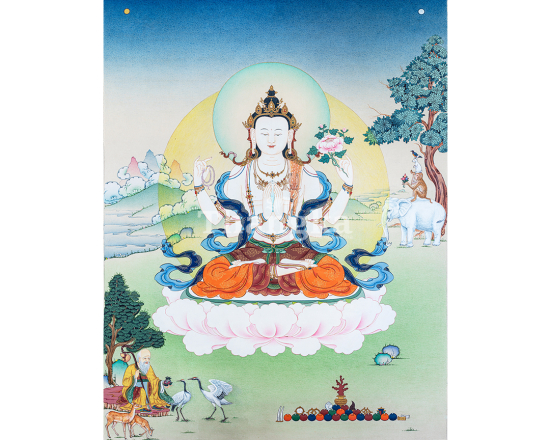 Chenrezig Thangka with the Four Harmonious Friends I Shou Lao