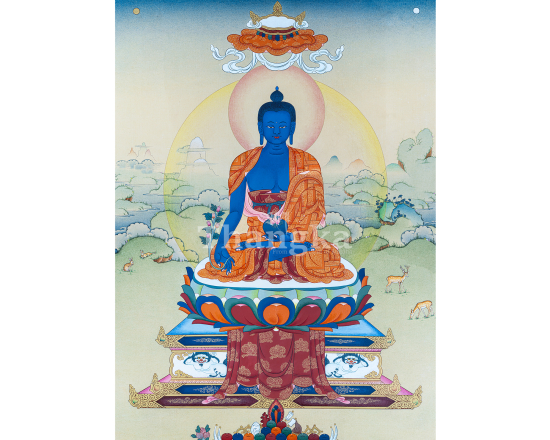 Medicine Buddha Thangka Bhaisajyaguru Healing Buddha Compassionate Healer Buddha Art Lapis Lazuli Medicine Buddha Buddhist Healing Meditation Thangka