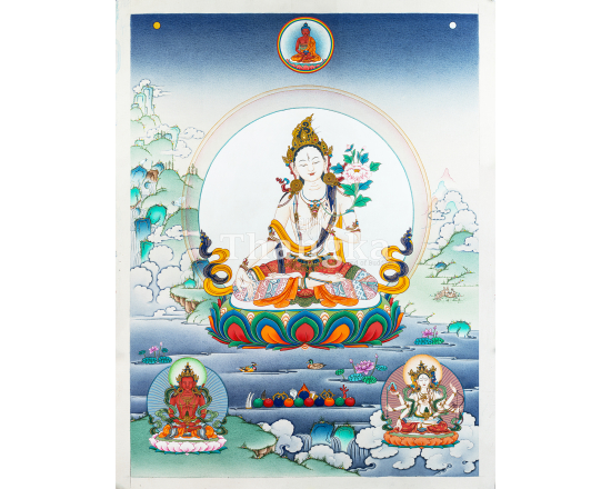 Tse Lha Nam Sum thangka Three Protectors of Dharma Tibetan Buddhist protector painting Himalayan sacred art meditation thangka handmade Nepal Buddhist altar art protector deity thangka sacred painting