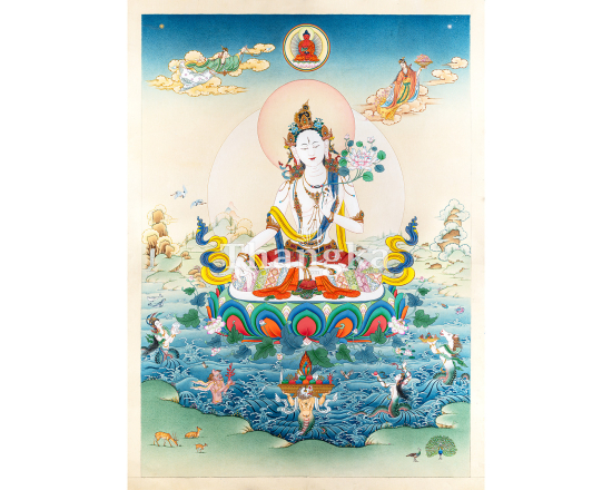 White Tara Stone Color Thangka Antique Style Longevity Goddess Authentic Tibetan Thangka Art