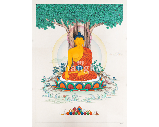 Shakyamuni Buddha Stone Color Thangka | Antique Enlightenment Art | Authentic Tibetan Thangka