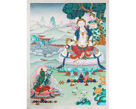 Chenrezig with Green Tara Thangka Compassion Swift Protection Authentic Tibetan Thangka Art